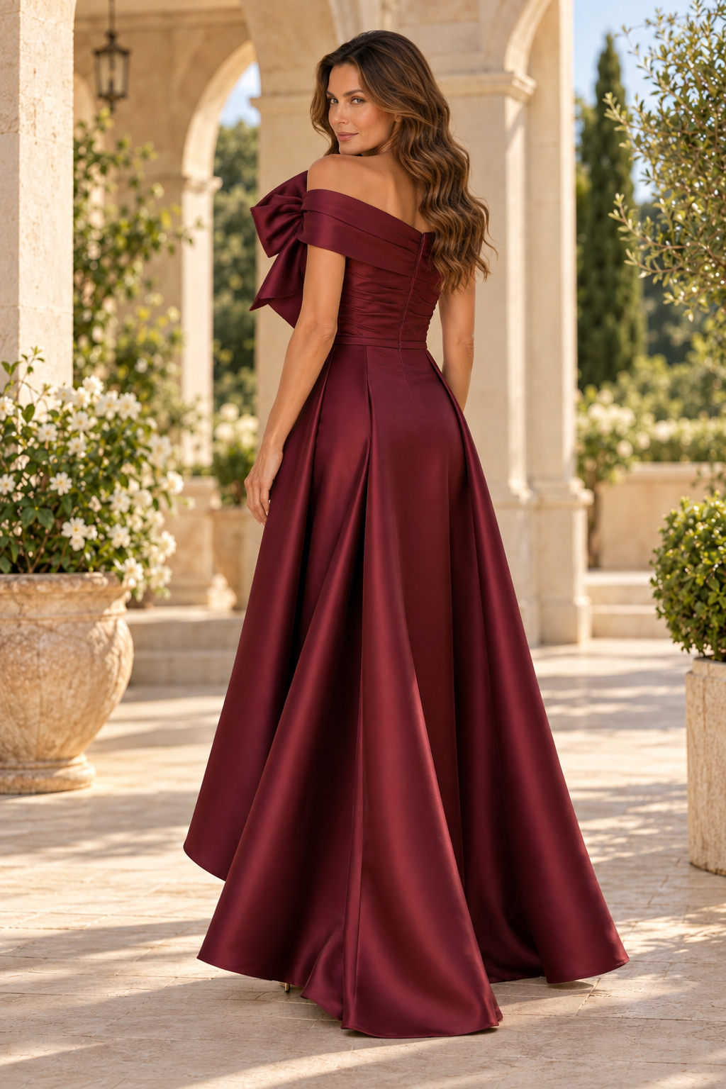 Bow Accent Overskirt Evening Dress with Slit