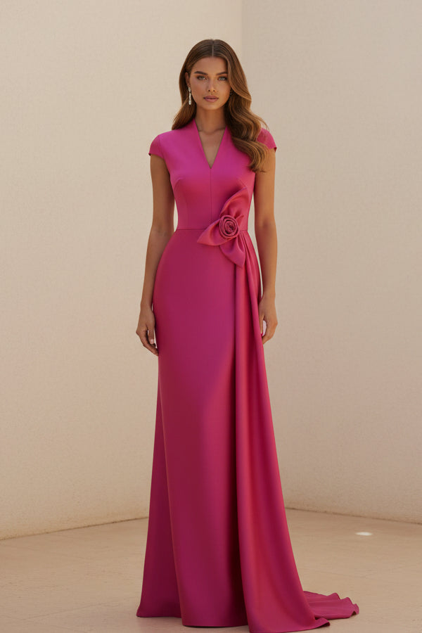 Cap Sleeve V-Neck Floral Mermaid Evening Gown