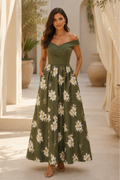 Off-the-Shoulder Floral Print A-Line Maxi Dress
