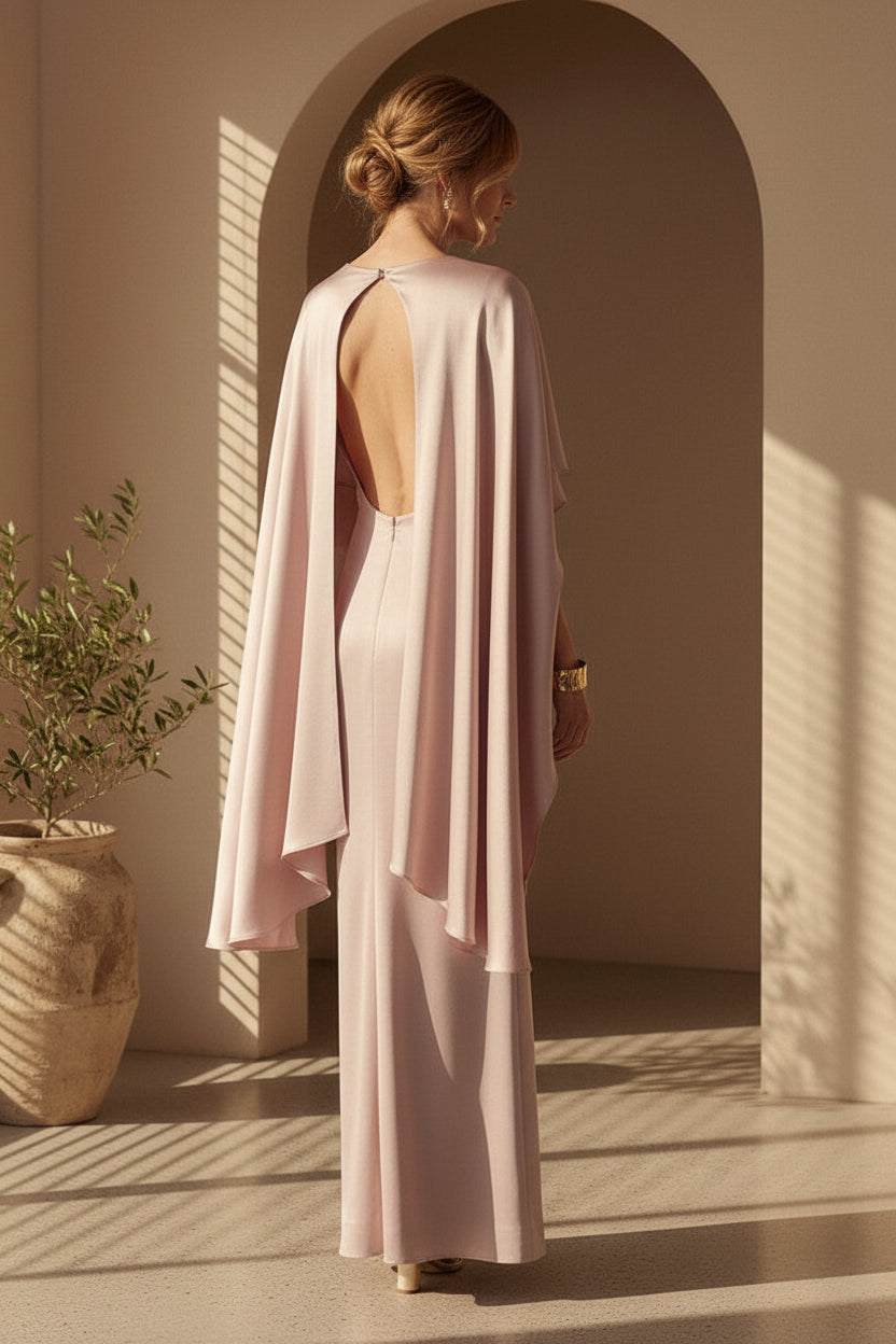 Satin Sheath Gown with Asymmetric Cape
