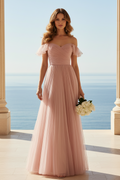 Off-Shoulder Pleated Tulle A-Line Gown