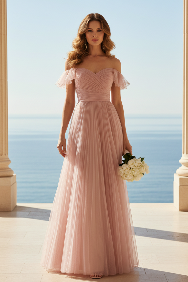 Off-Shoulder Pleated Tulle A-Line Gown