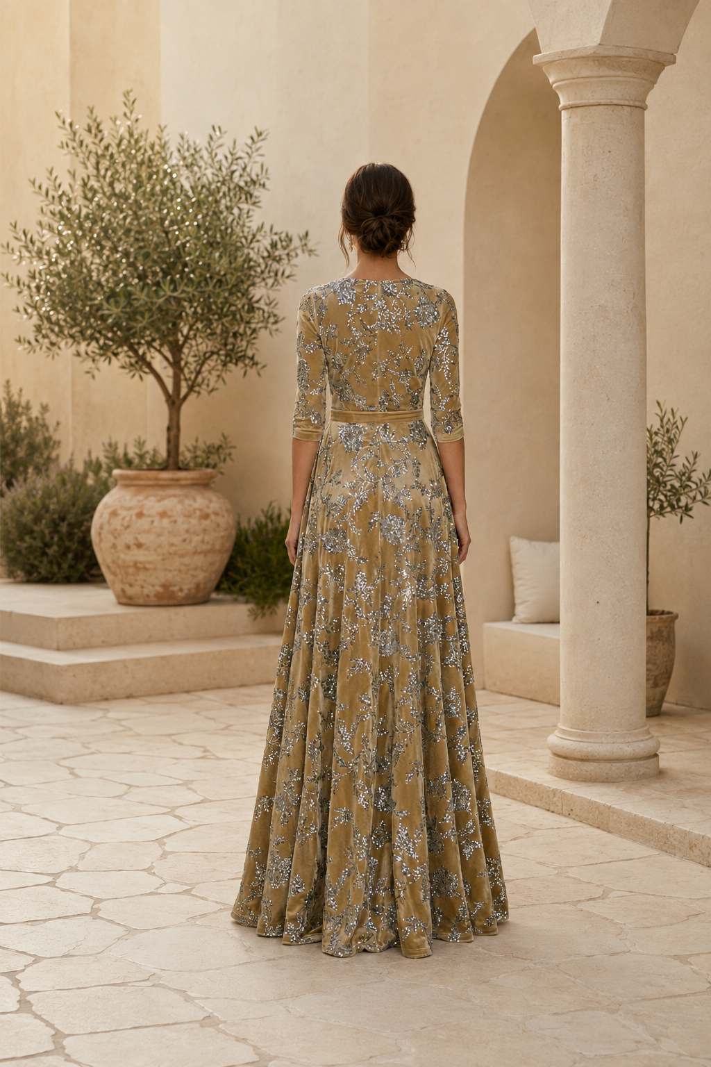 Floral Sequin Velvet A-Line Evening Gown
