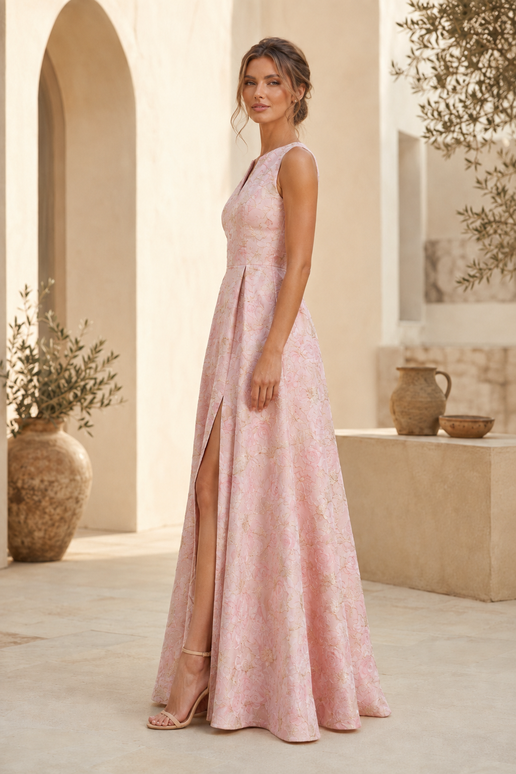 Sleeveless Jacquard A-Line Gown with Front Slit