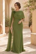 Chiffon Cape Gown with 3D Flower Shoulder Detail