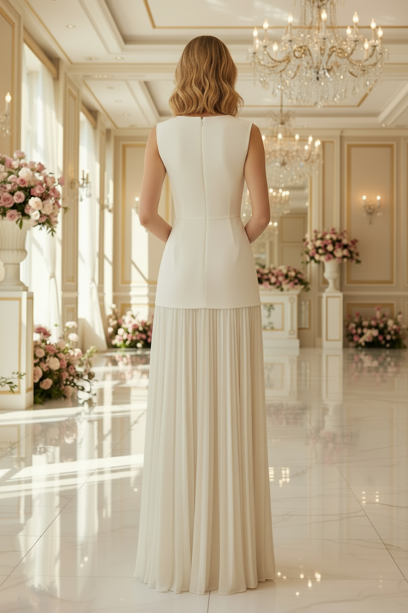Bateau Neck Pleated Maxi Gown