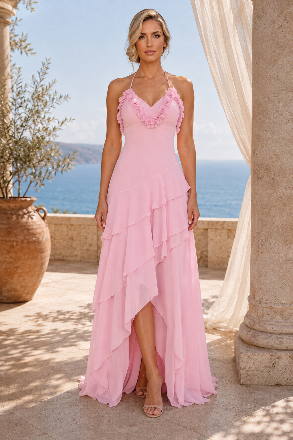 Halter Tiered Ruffle High-Low Evening Gown