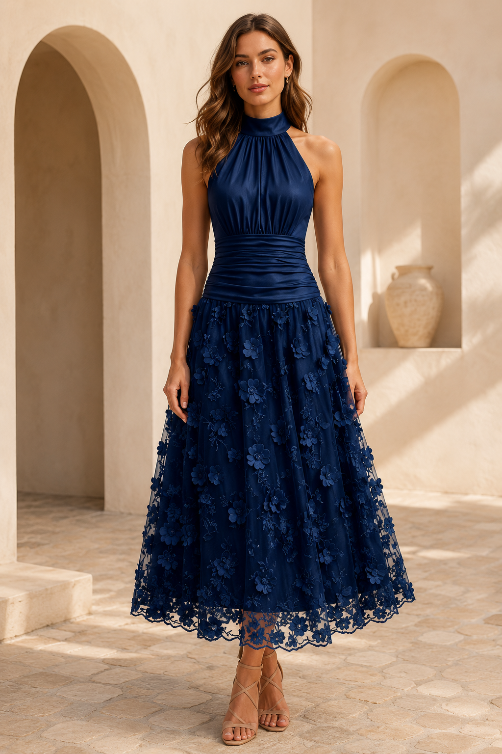Halter Neck Pleated Bodice 3D Floral Midi Dress