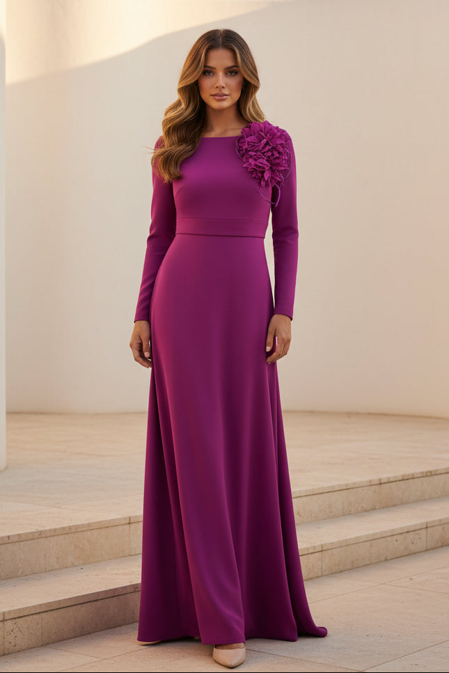 Elegant Long Sleeve Evening Gown with 3D Flower