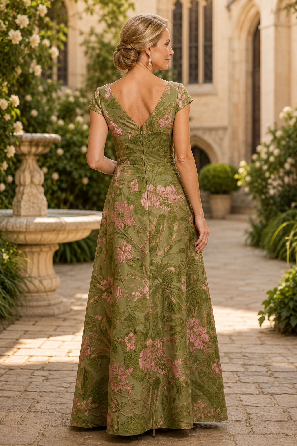 Floral Jacquard A-Line Gown with Cascading Ruffle