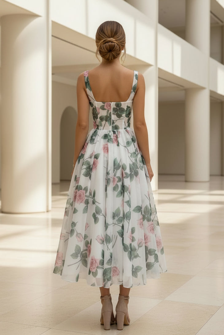 Floral Rose Print Corset Midi Dress with Full Skirt