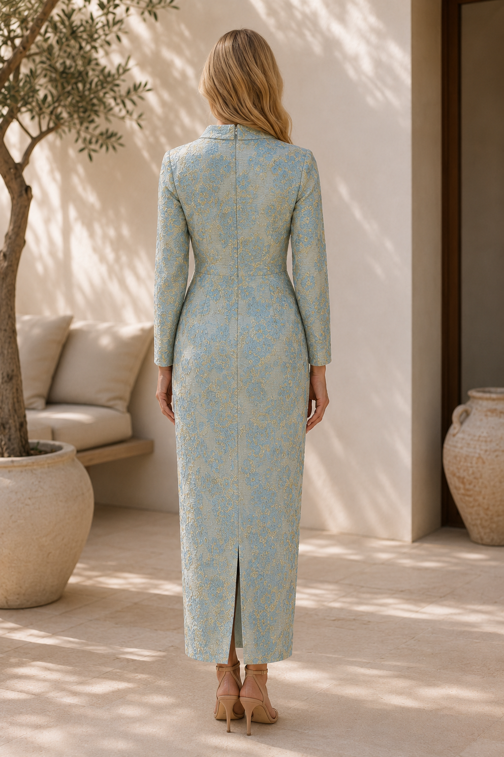 Long Sleeve Jacquard Column Evening Dress