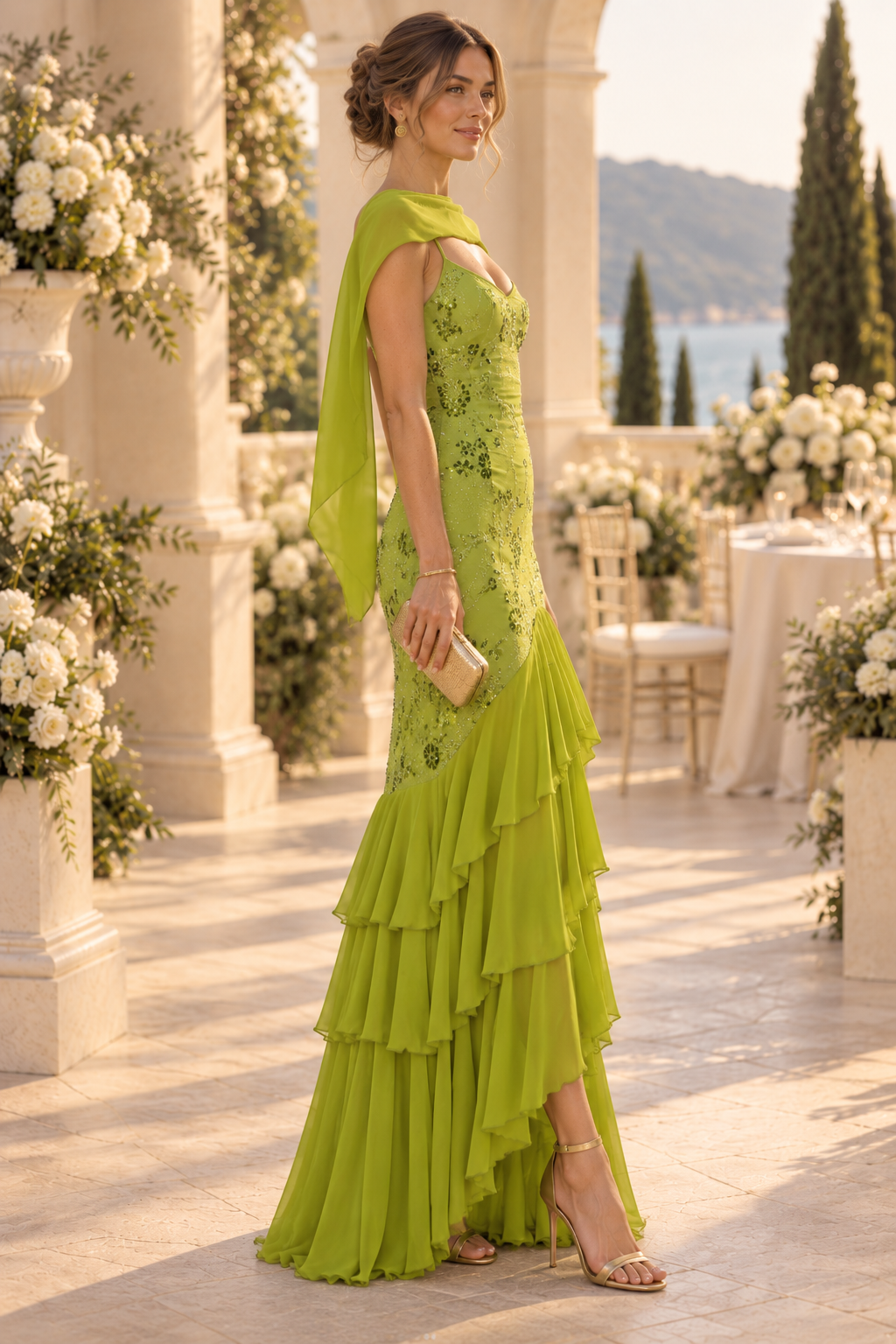 Tiered Ruffle Sequin Gown with Shawl
