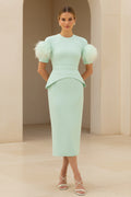Elegant Peplum Midi Dress with Feather Sleeves