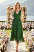 Pleated V-Neck Midi Dress with Lace Trim