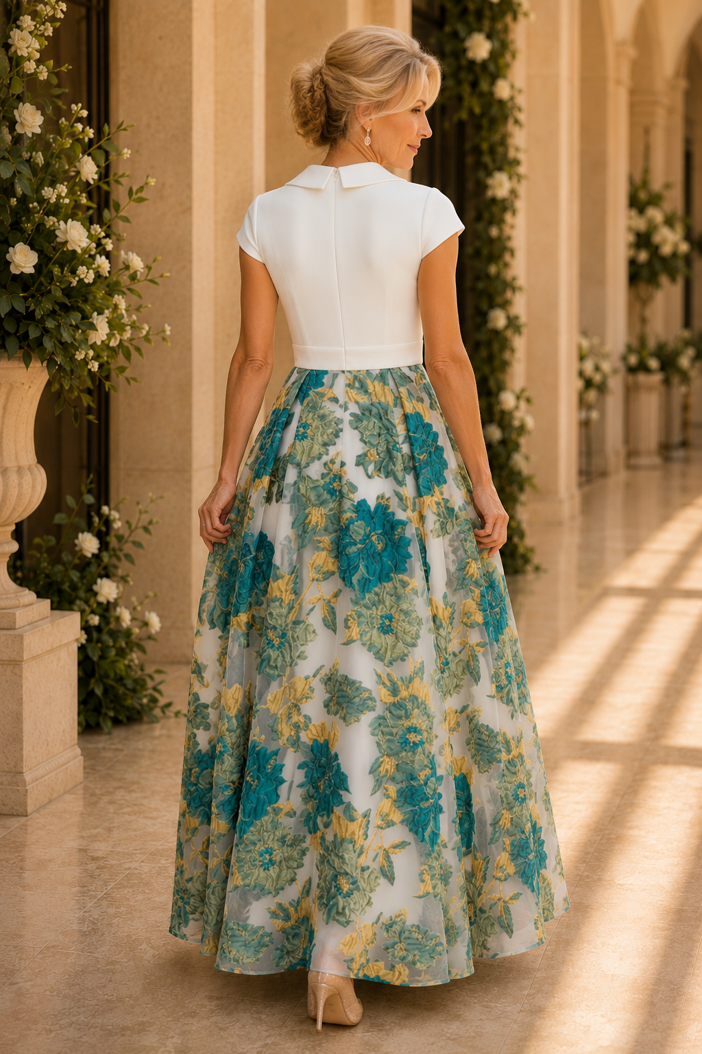 Collared V-Neck A-Line Gown with Floral Skirt