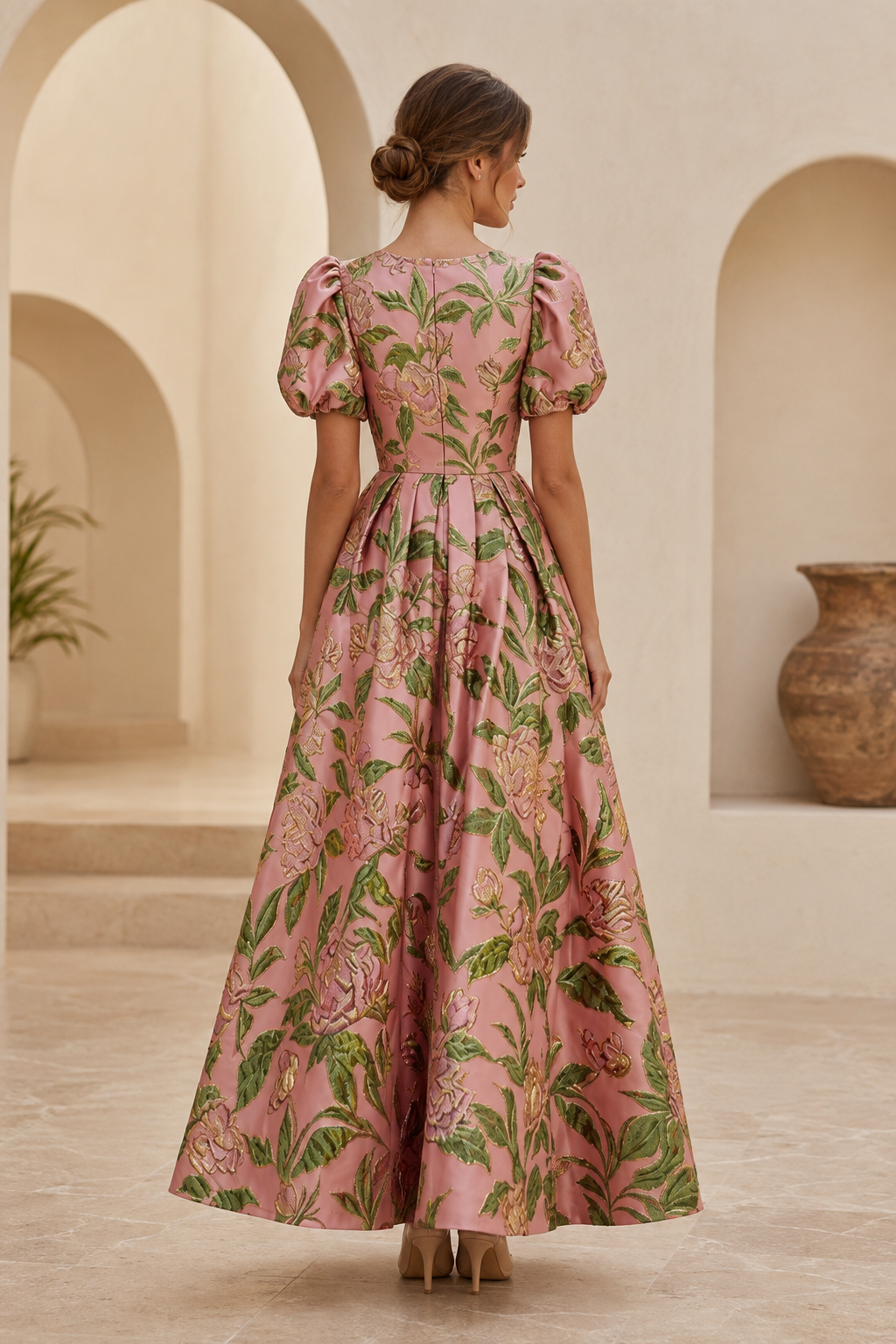 Floral Jacquard A-Line Gown with Puff Sleeves