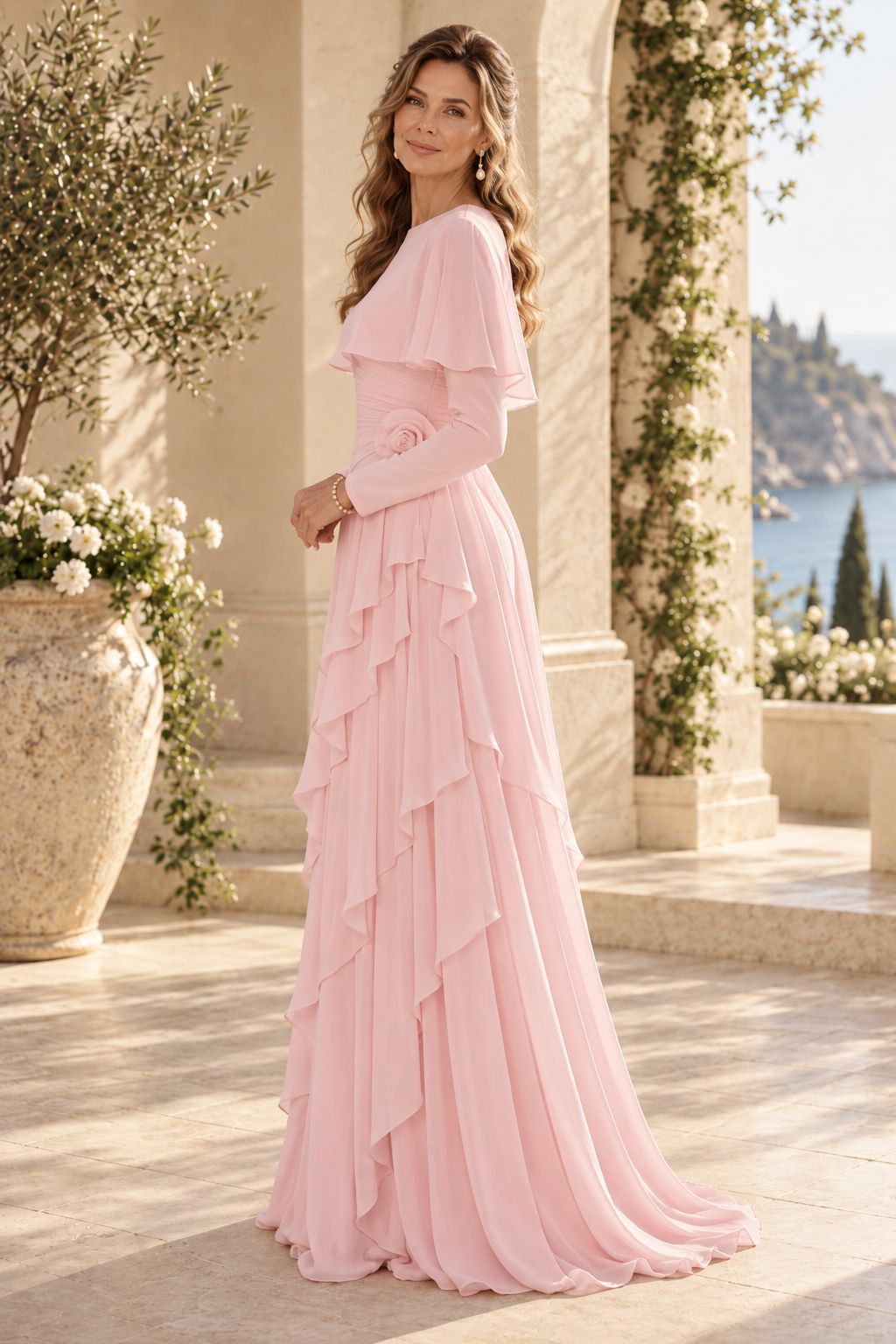 Tiered Ruffle Chiffon Gown with Capelet