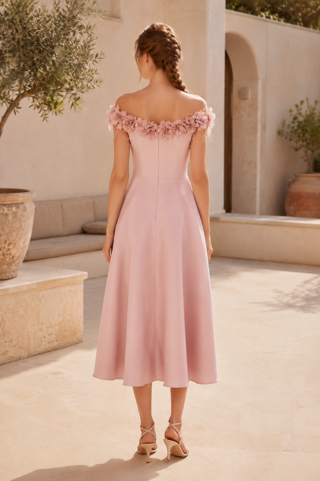 3D Floral Off-the-Shoulder Satin Midi Dress