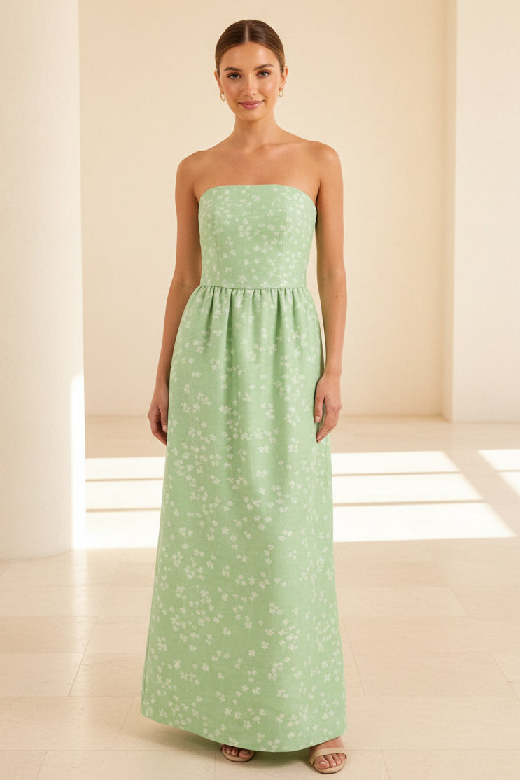 Strapless A-Line Maxi Dress with Gathered Waist