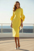 Midi Sheath Dress with Dramatic Ruffle Sleeves