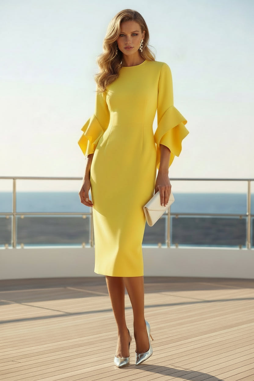 Midi Sheath Dress with Dramatic Ruffle Sleeves