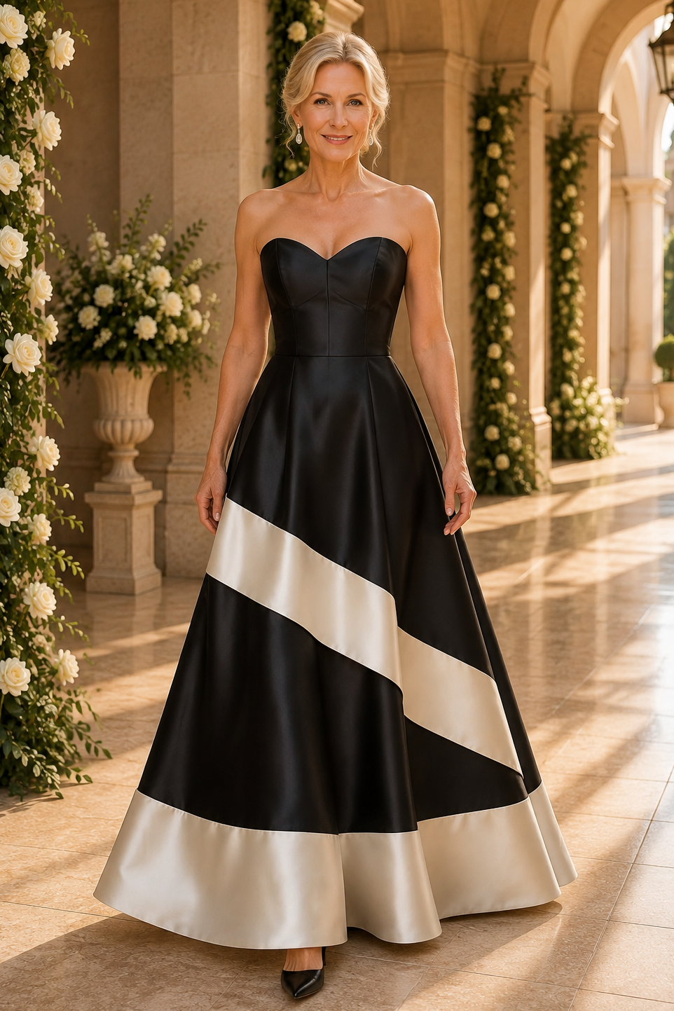 Strapless A-Line Gown with Contrast Diagonal Band