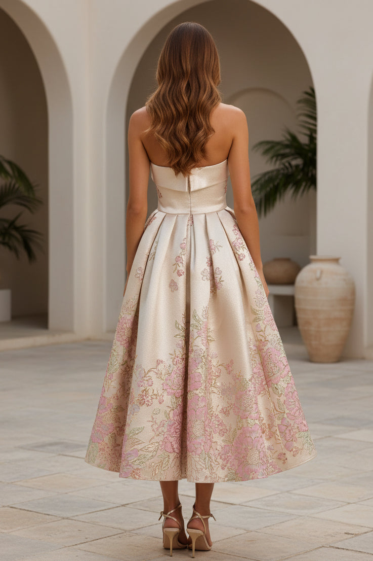 Strapless Floral Jacquard Tea-Length Dress