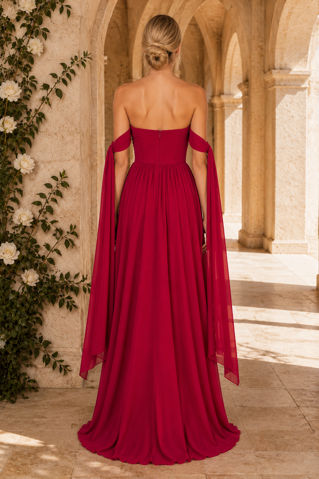 Trägerloses Chiffon-A-Linien-Kleid mit drapierten Armbändern