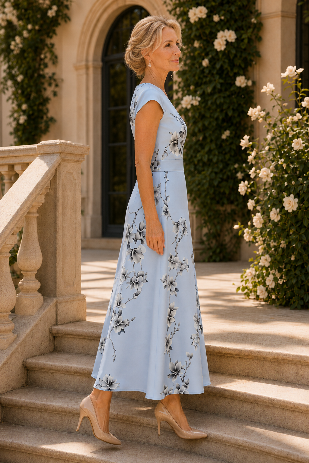 Floral Print V-Neck A-Line Ankle-Length Dress