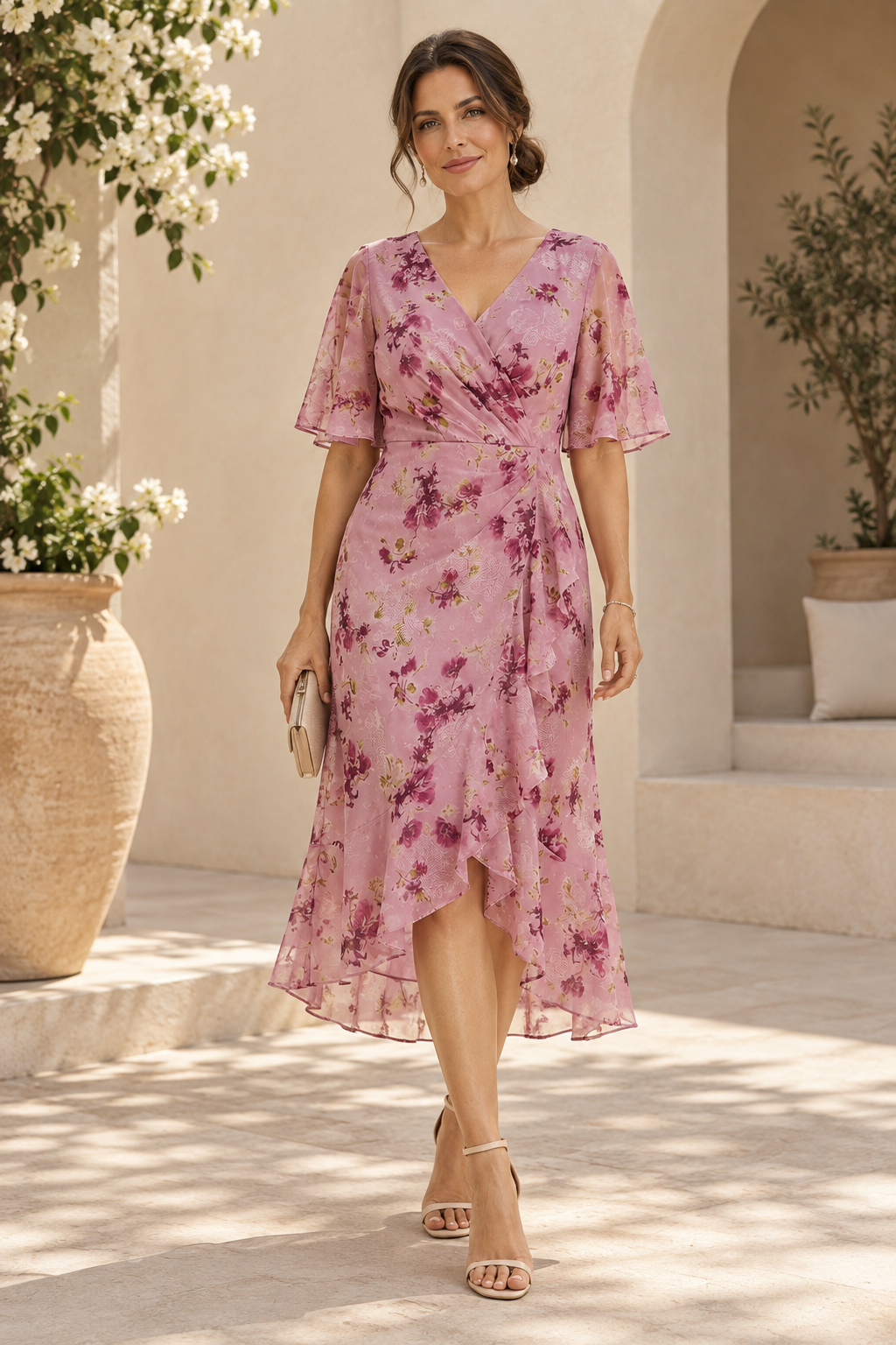 Floral High-Low Midi Dress with Flutter Sleeves