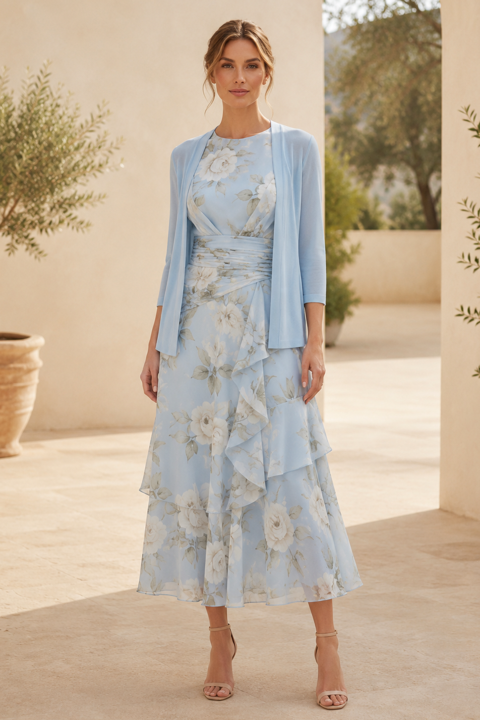 Floral Tiered Midi Dress with 3/4-Sleeve Jacket