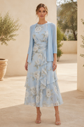 Floral Tiered Midi Dress with 3/4-Sleeve Jacket
