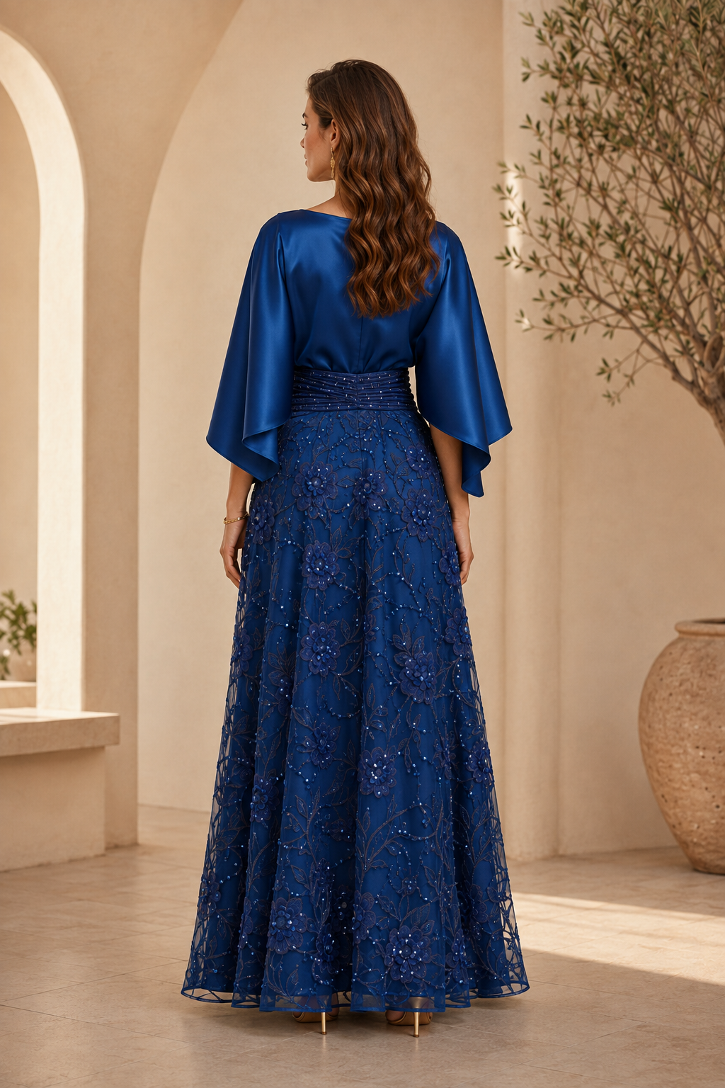 Satin Cape Bodice Floral Embroidered Evening Gown
