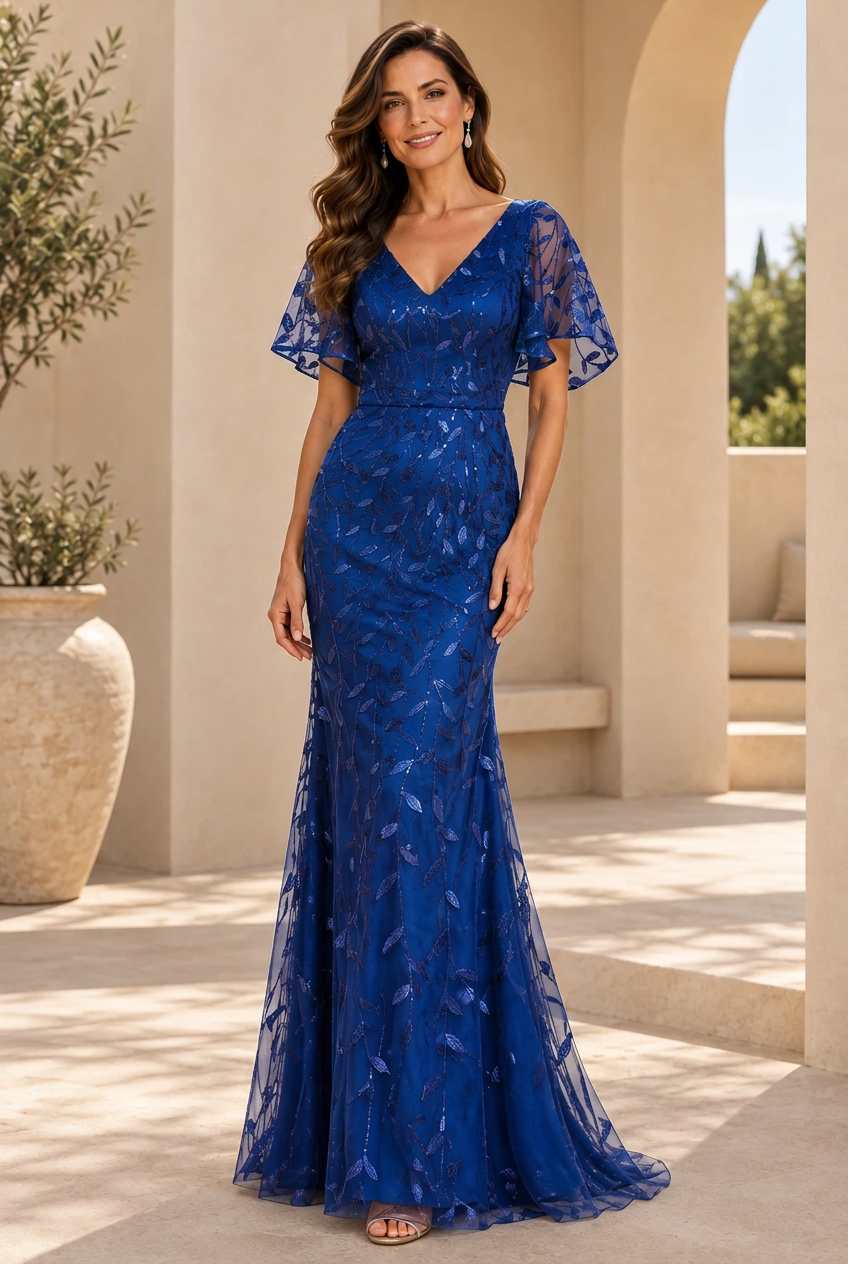 Sequin Embroidered Flutter Sleeve Evening Gown