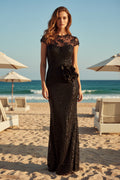 Lace Illusion Cap Sleeve Sequin Evening Gown