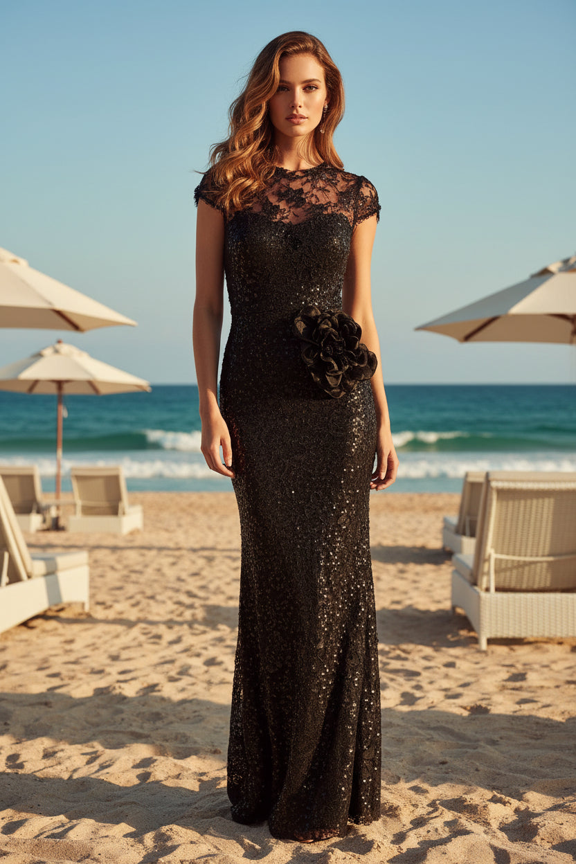 Lace Illusion Cap Sleeve Sequin Evening Gown