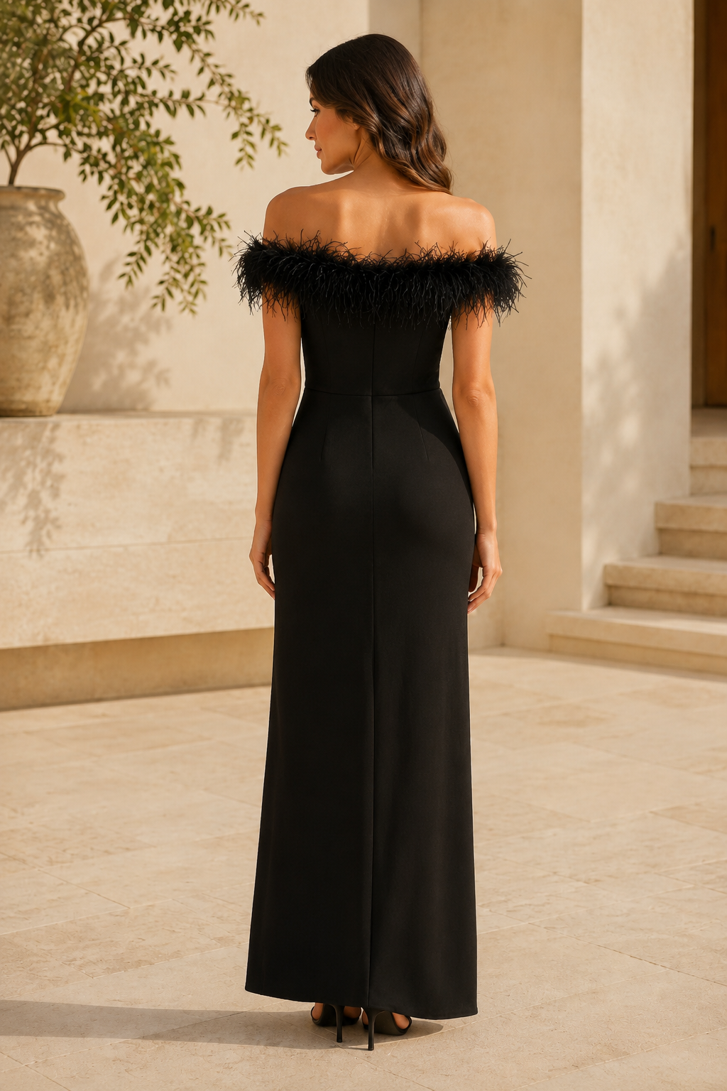 Feather Trim Off-Shoulder Evening Gown with Slit
