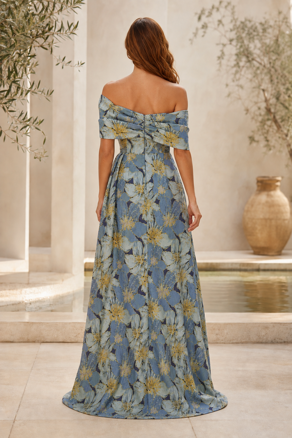 Off-Shoulder Floral Jacquard Gown with High Slit