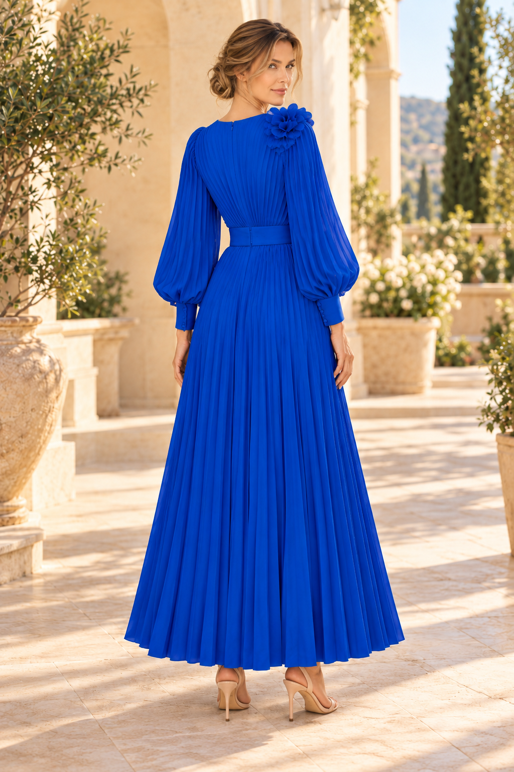 Pleated A-Line Gown with Bishop Sleeves