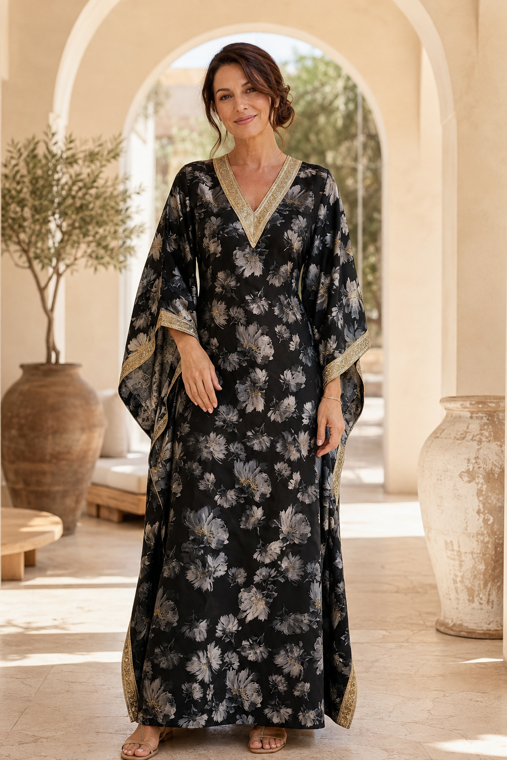 Floral Kaftan Maxi Dress with Draped Trim Sleeves