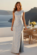 Cowl Neck Jacquard Column Gown with Slit