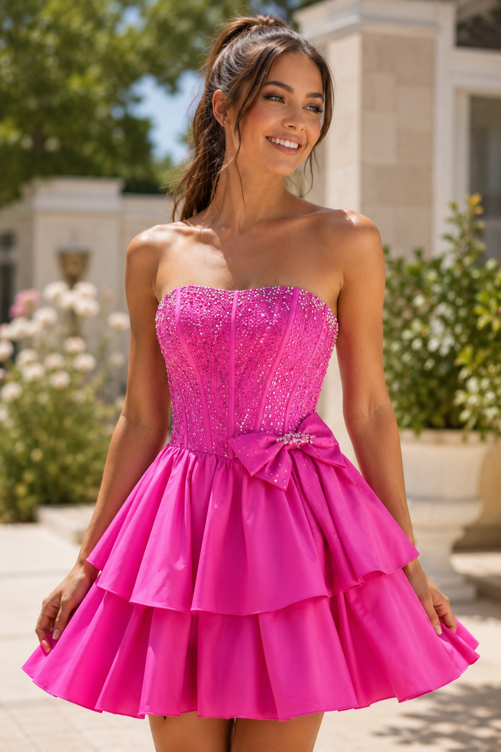 Strapless Tiered Corset Short Dress with Bow