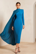 High-Neck Midi Dress with Asymmetric Cape