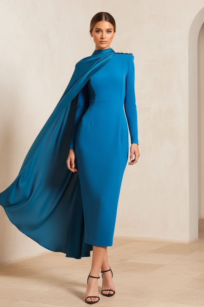 High-Neck Midi Dress with Asymmetric Cape