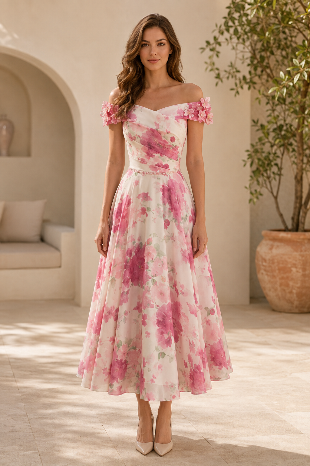 Floral Off-the-Shoulder Tea-Length A-Line Dress