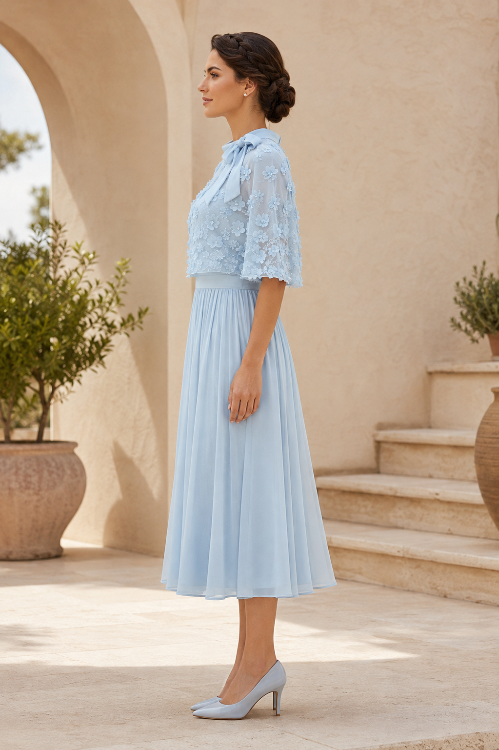 Sheer Floral Cape Midi Dress with Tie-Neck Bow