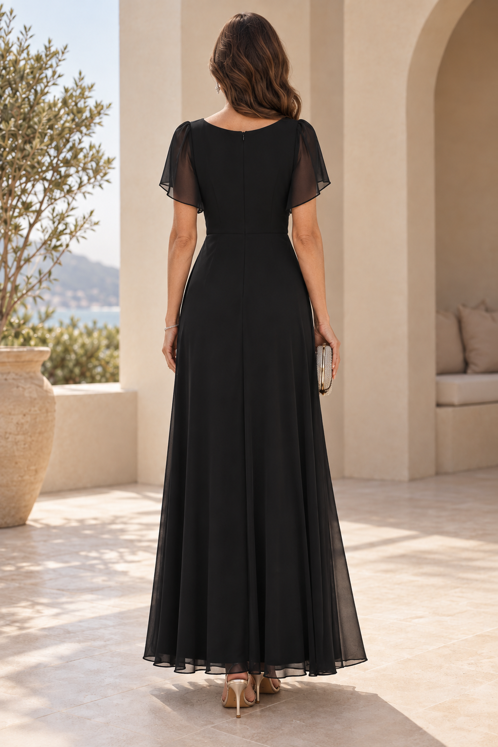 A-Line Chiffon Maxi Dress with Slit & Brooch
