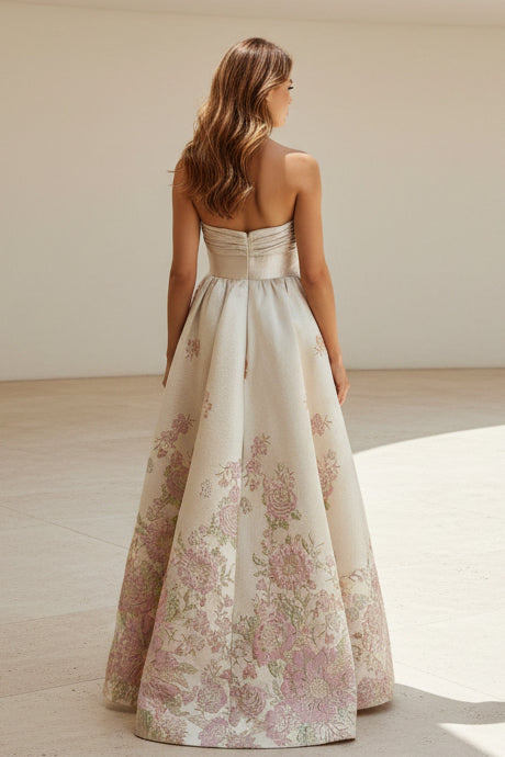Strapless Bow-Detail Floral Jacquard Gown