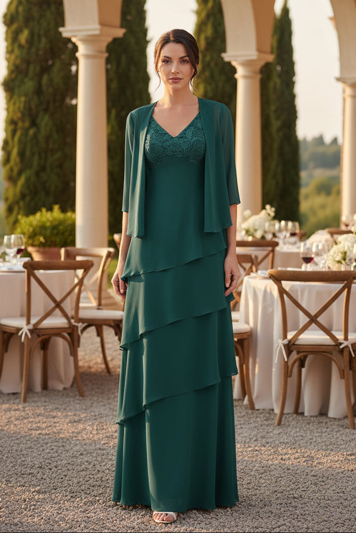 Elegant V-Neck Tiered Chiffon Gown with Jacket